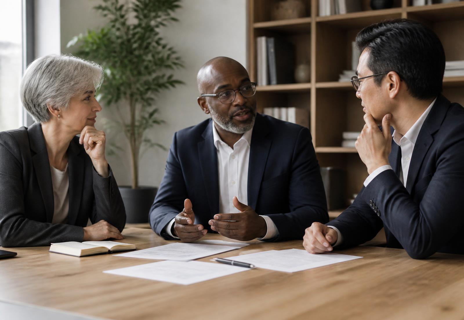 Three senior executives in thoughtful discussion around a conference table
