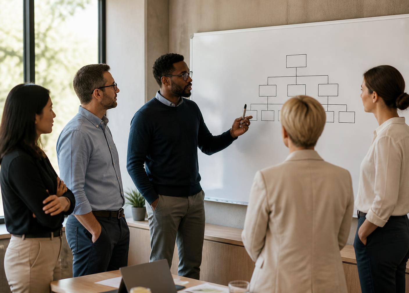 A leadership team reviewing an organizational chart together on a whiteboard